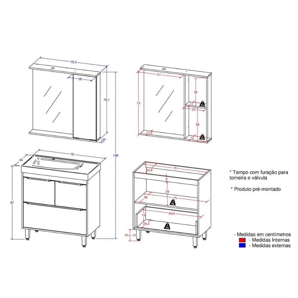 Gabinete de Banheiro com Cuba e Espelheira com LED 79,5cm Multimóveis CR10131 Branco/Legno Crema