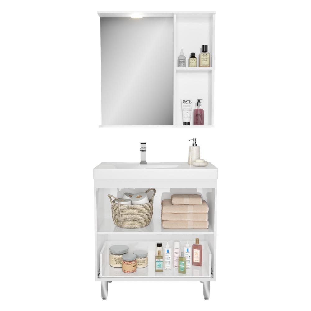 Gabinete de Banheiro com Cuba e Espelheira com LED 79,5cm Multimóveis CR10131 Branco/Legno Crema