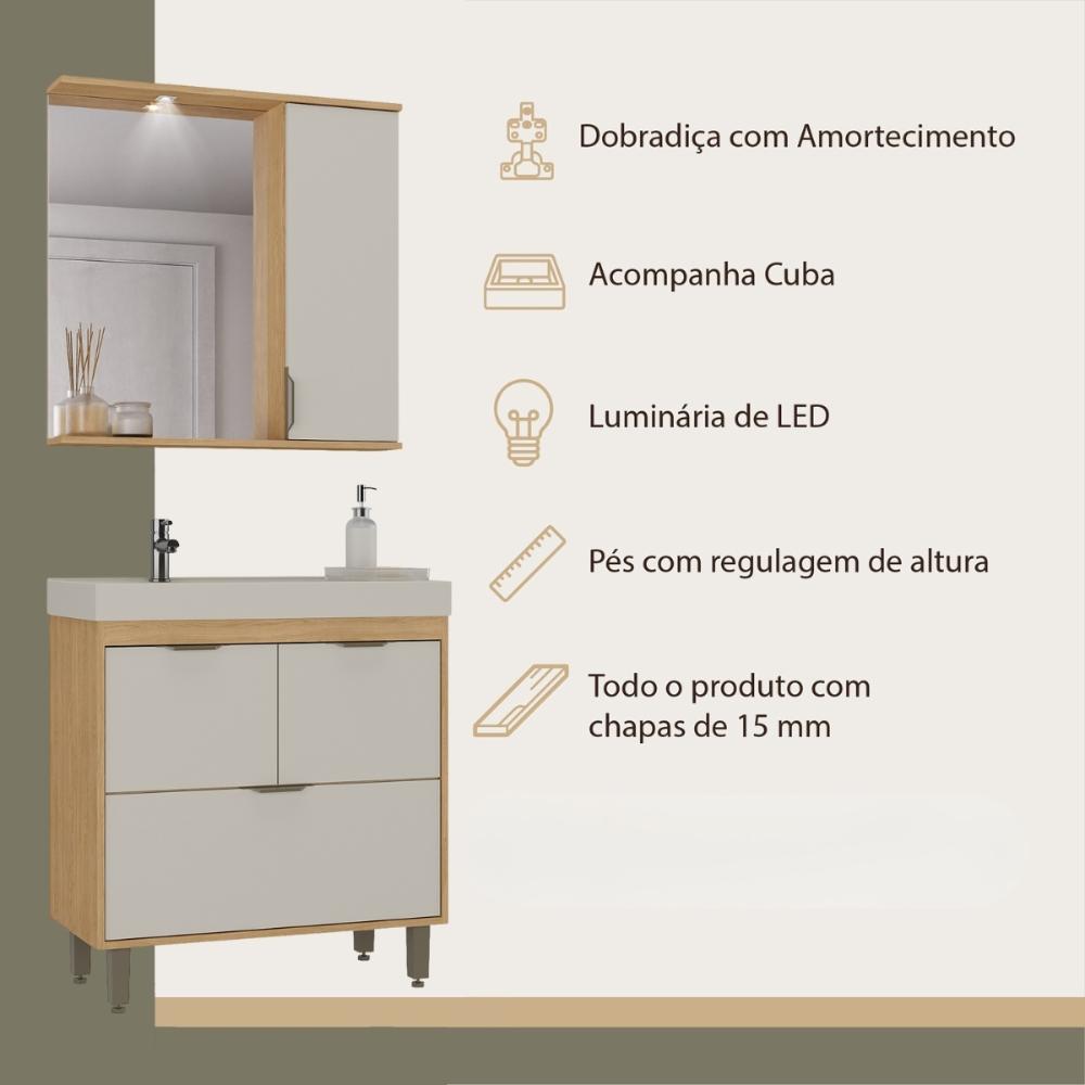 Gabinete de Banheiro com Cuba e Espelheira com LED 79,5cm Multimóveis CR10139 Carvalho Nature/Arenas