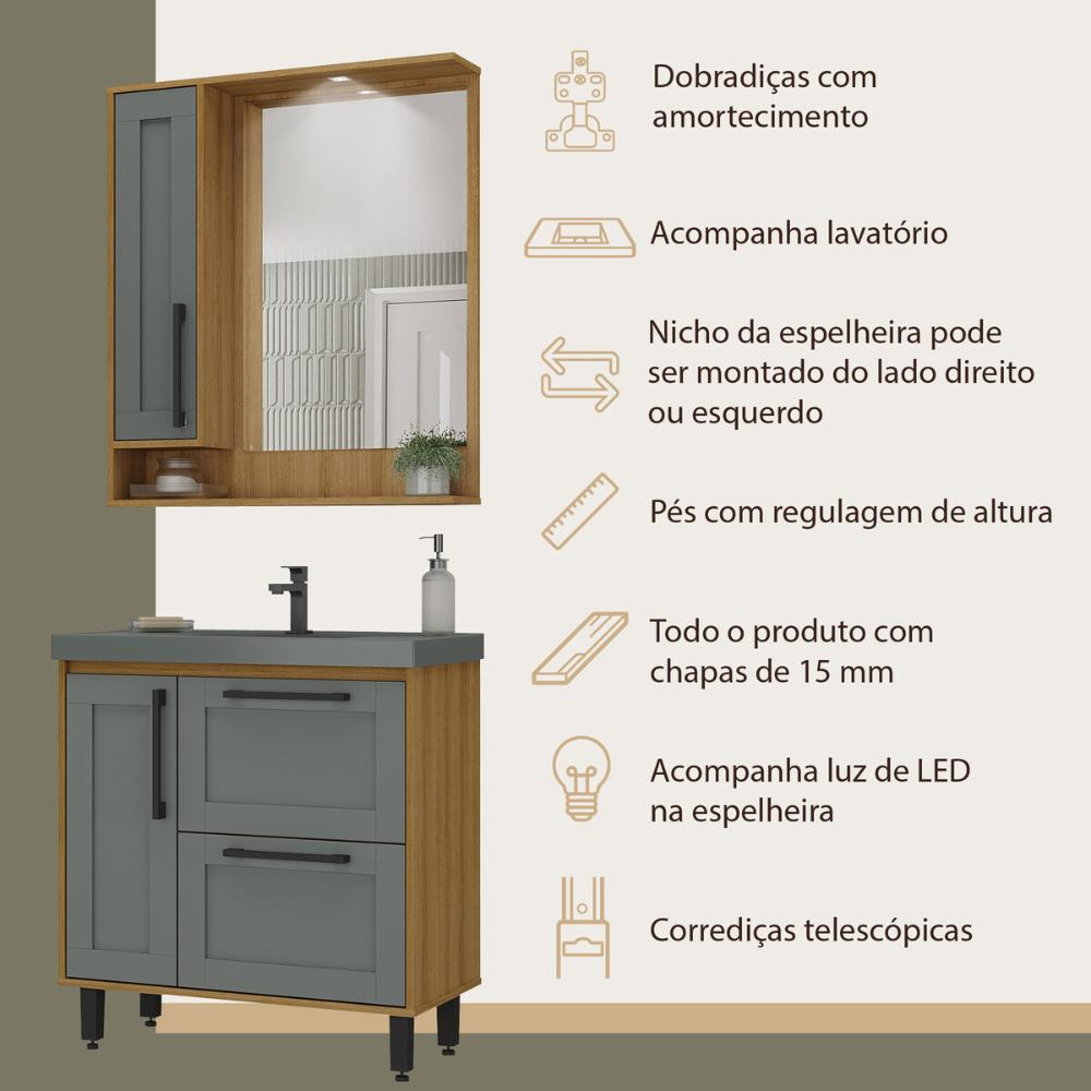 Gabinete de Banheiro com Cuba e Espelheira com LED 80cm Multimóveis CR10140 Lâmina Mel/Grafite