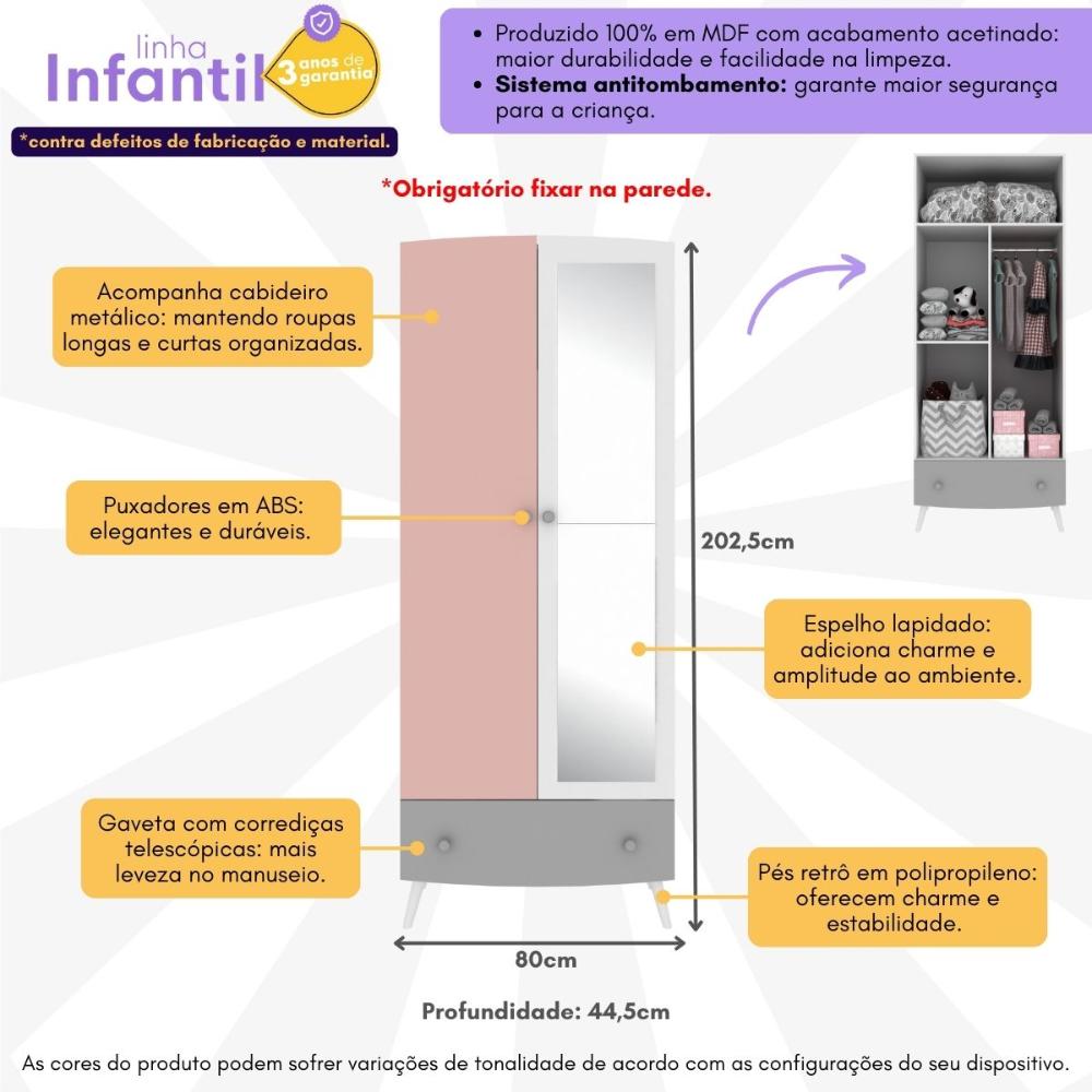 Guarda Roupa 100% MDF com espelho, 2 ptas e 1 gav Doçura Multimóveis Bco/Cza/Ros