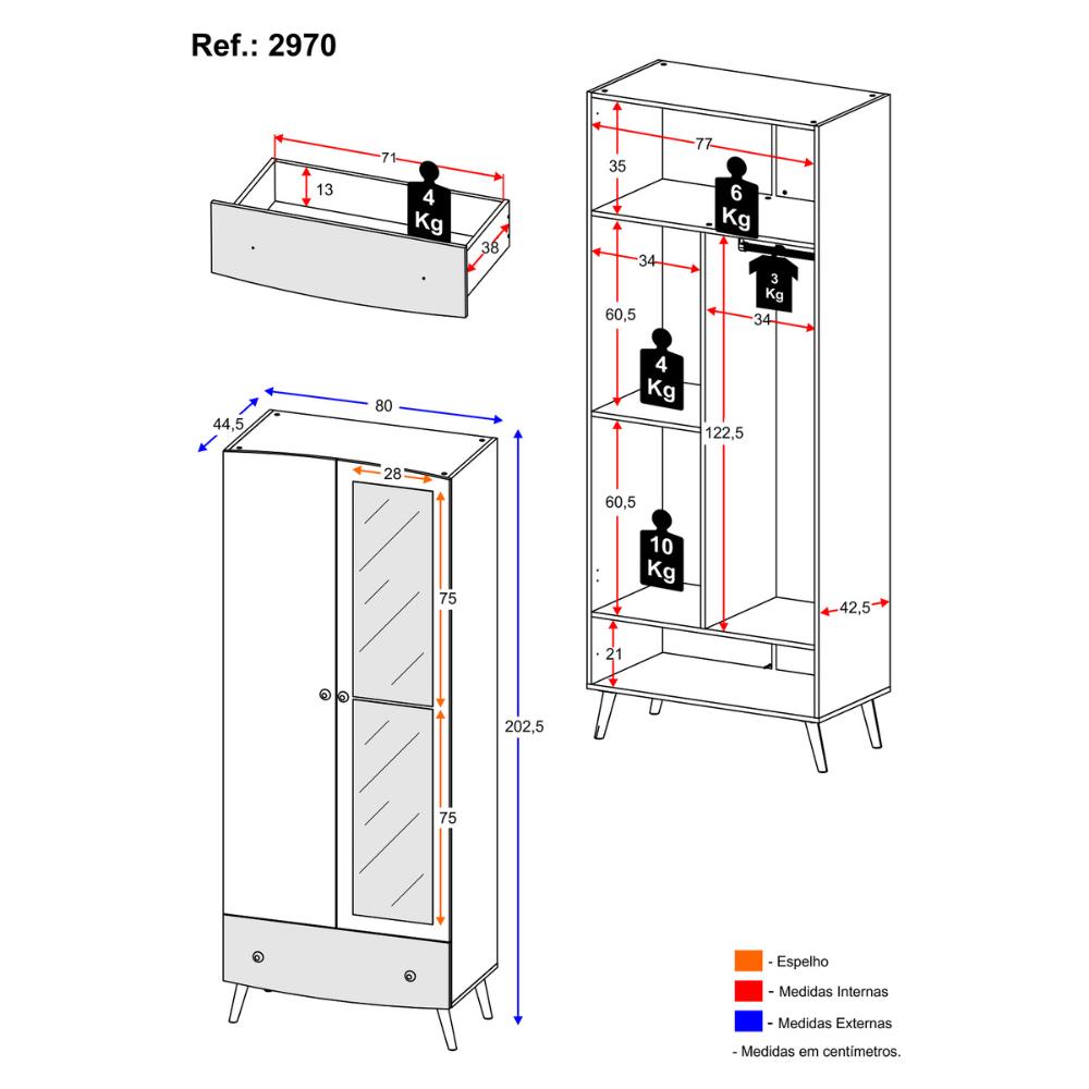 Guarda Roupa 100% MDF com espelho, 2 ptas e 1 gav Doçura Multimóveis Bco/Cza/Ros