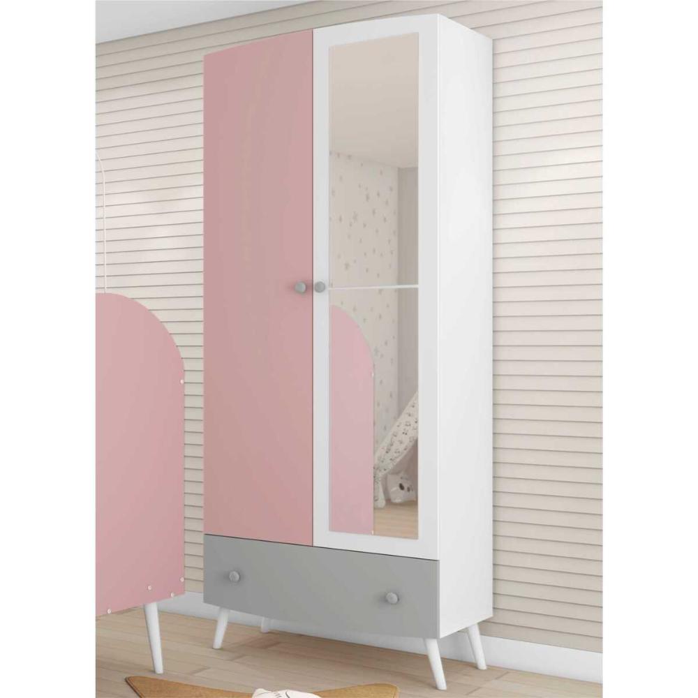 Guarda Roupa 100% MDF com espelho, 2 ptas e 1 gav Doçura Multimóveis Bco/Cza/Ros