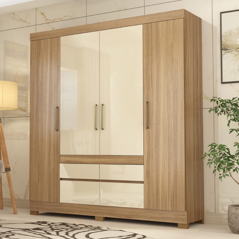 Guarda-Roupa Casal 4 Portas 4 Gavetas 200cm Multimóveis CR35282 Amêndola/Off White