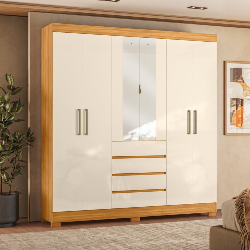 Guarda-Roupa Casal MDF com Espelhos 6 Portas 4 Gavetas 201cm Multimóveis CR35289 Cinamon/Off White