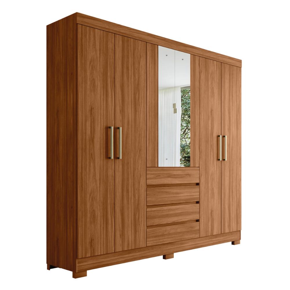 Guarda-Roupa Casal MDF com Espelhos 6 Portas 4 Gavetas 201cm Multimóveis CR35289 Nogueira Touch