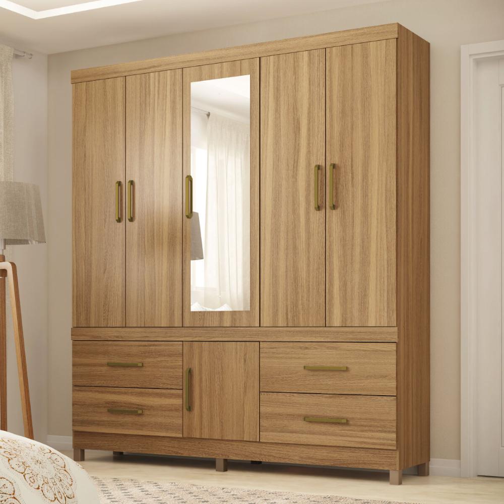 Guarda-Roupa Casal com Espelho 6 Portas 4 Gavetas 192cm Multimóveis CR35285 Amêndola Touch
