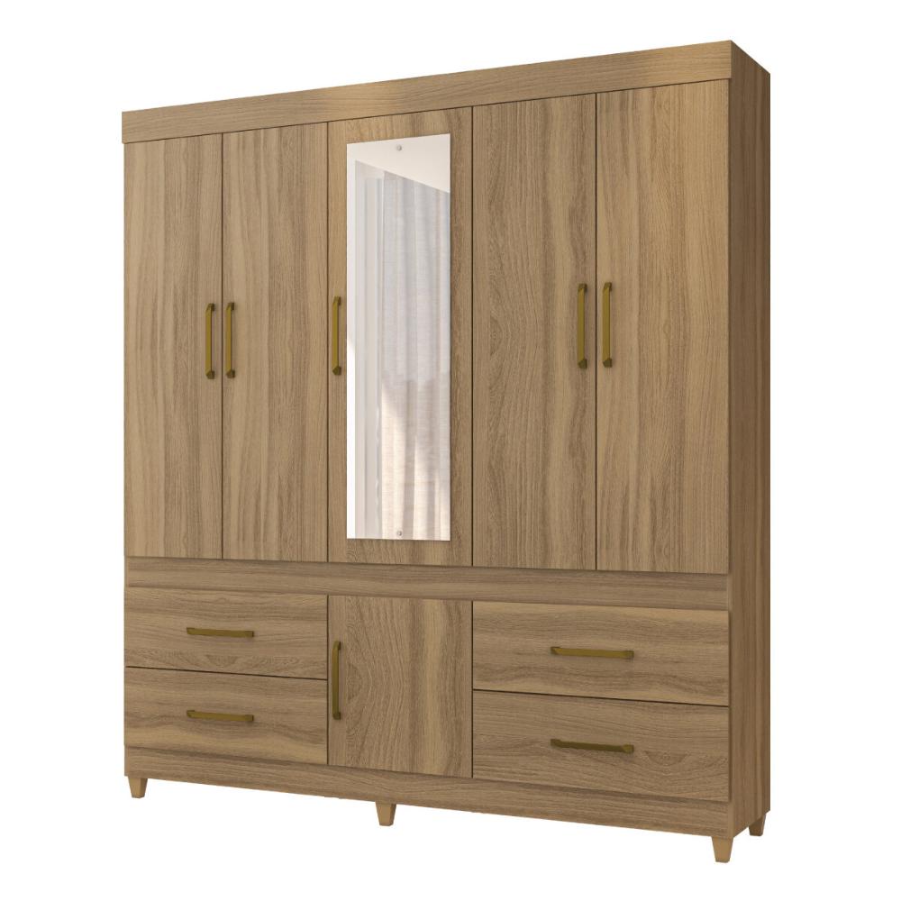 Guarda-Roupa Casal com Espelho 6 Portas 4 Gavetas 192cm Multimóveis CR35285 Amêndola Touch