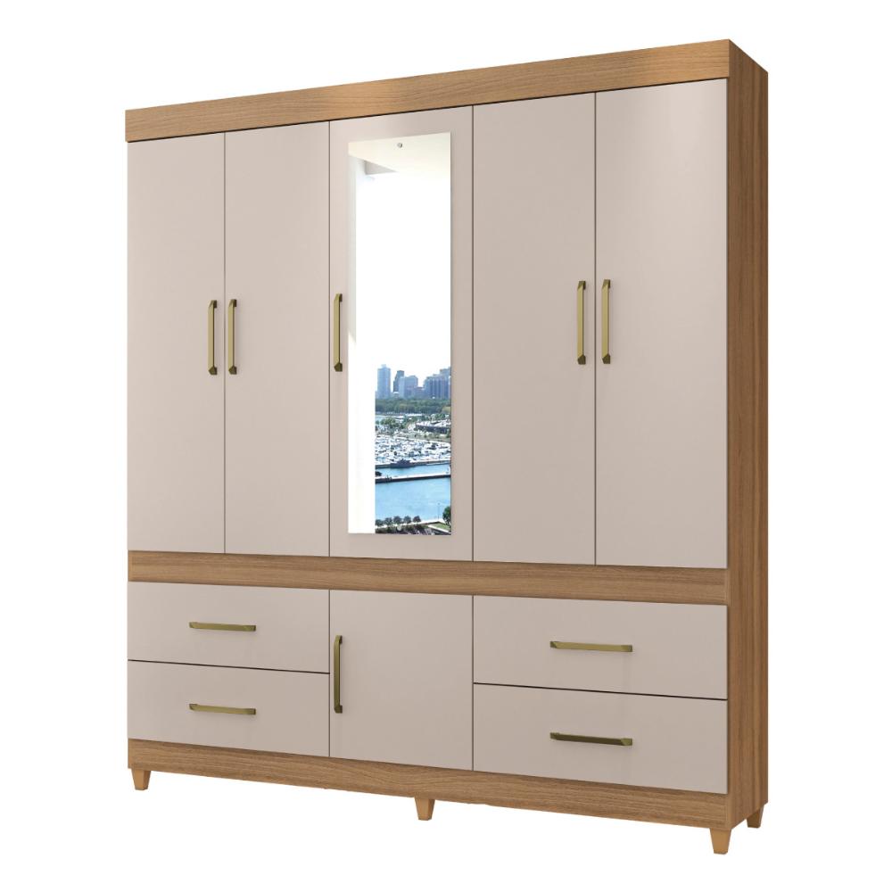 Guarda-Roupa Casal com Espelho 6 Portas 4 Gavetas 192cm Multimóveis CR35285 Amêndola/Off White