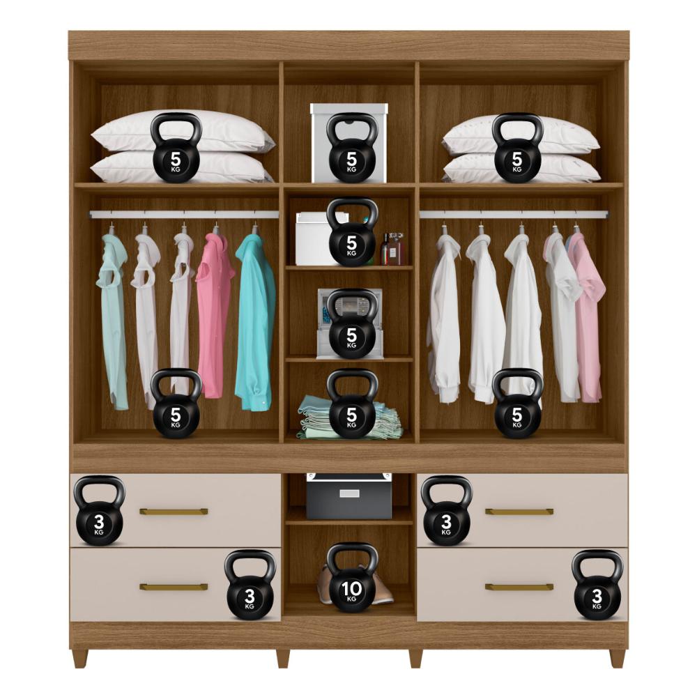 Guarda-Roupa Casal com Espelho 6 Portas 4 Gavetas 192cm Multimóveis CR35285 Amêndola/Off White