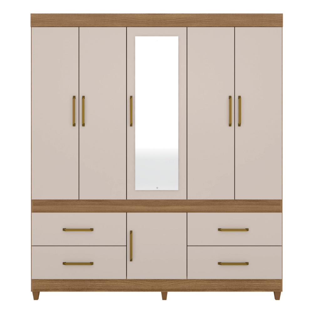 Guarda-Roupa Casal com Espelho 6 Portas 4 Gavetas 192cm Multimóveis CR35285 Amêndola/Off White