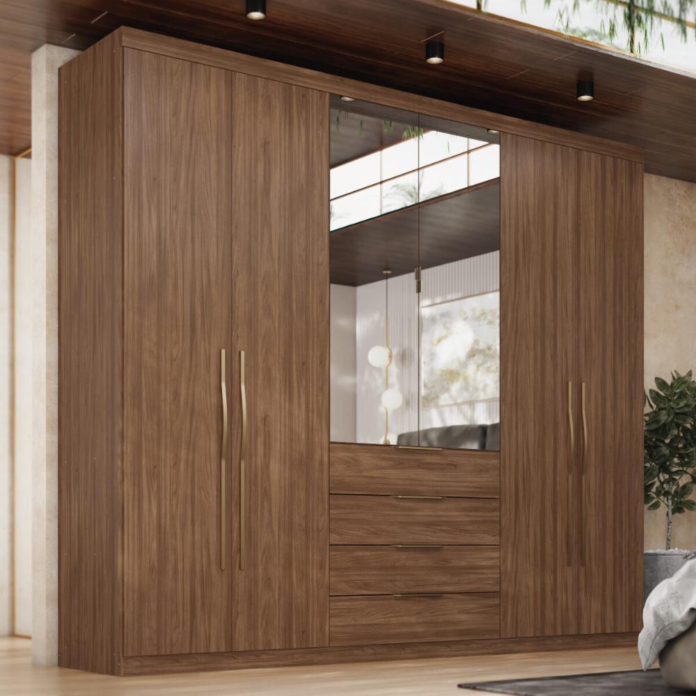Guarda-Roupa Casal com Espelhos 6 Portas 4 Gavetas 262,2cm Multimóveis CR35284 Nogueira Touch