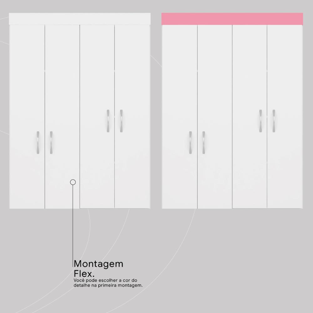 Guarda-Roupa Solteiro 4 Portas 2 Gavetas 110cm Multimóveis CR35281 Branco/Rosa