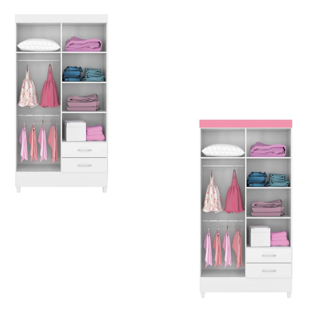 Guarda-Roupa Solteiro 4 Portas 2 Gavetas 110cm Multimóveis CR35281 Branco/Rosa