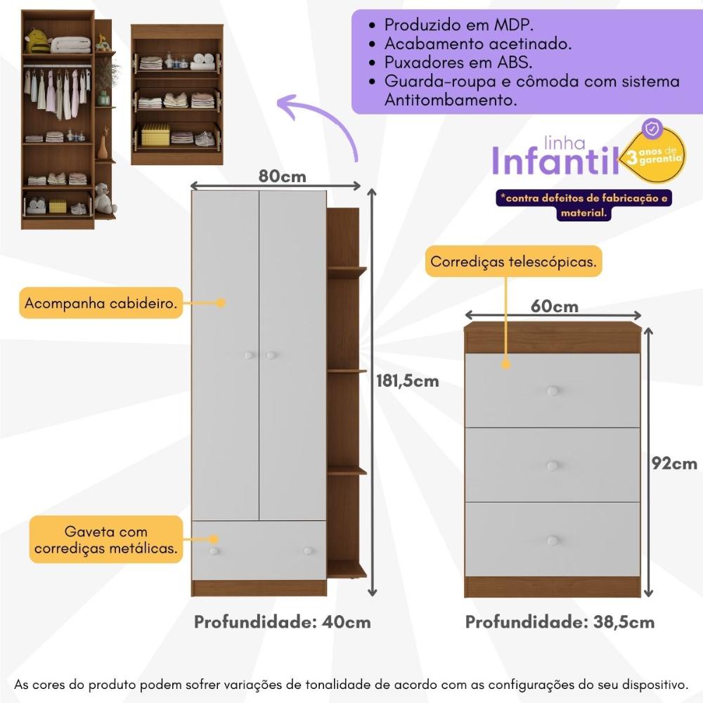Guarda-Roupas 2 Portas 1 Gaveta com Cômoda 3 Gavetas Infantil Doce de Leite Multimóveis MP4243 Madeirado/Branco
