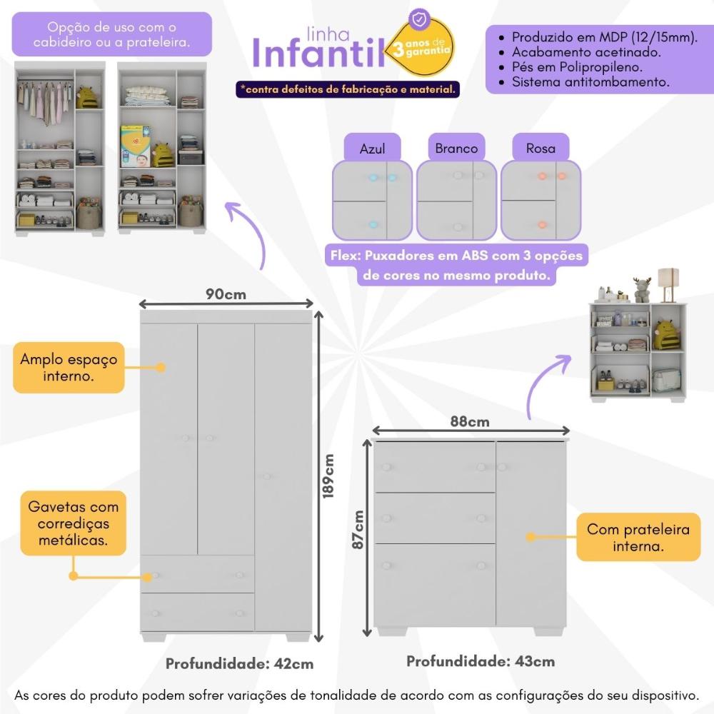 Guarda-Roupas 3 Portas 2 Gavetas com Cômoda 1 Porta 3 Gavetas Algodão Doce Multimóveis MP4251 Branco