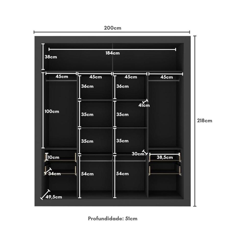 Guarda-Roupas Casal 2 Portas de Correr 4 Gavetas Chicago Multimóveis MP4268 Branco/Preto
