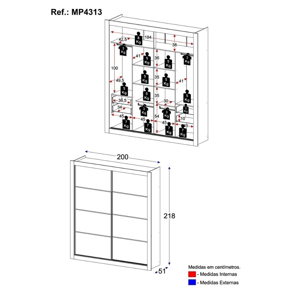 Guarda-Roupas Casal 2 Portas de Correr 4 Gavetas Dallas Multimóveis MP4313 Madeirado/Off White