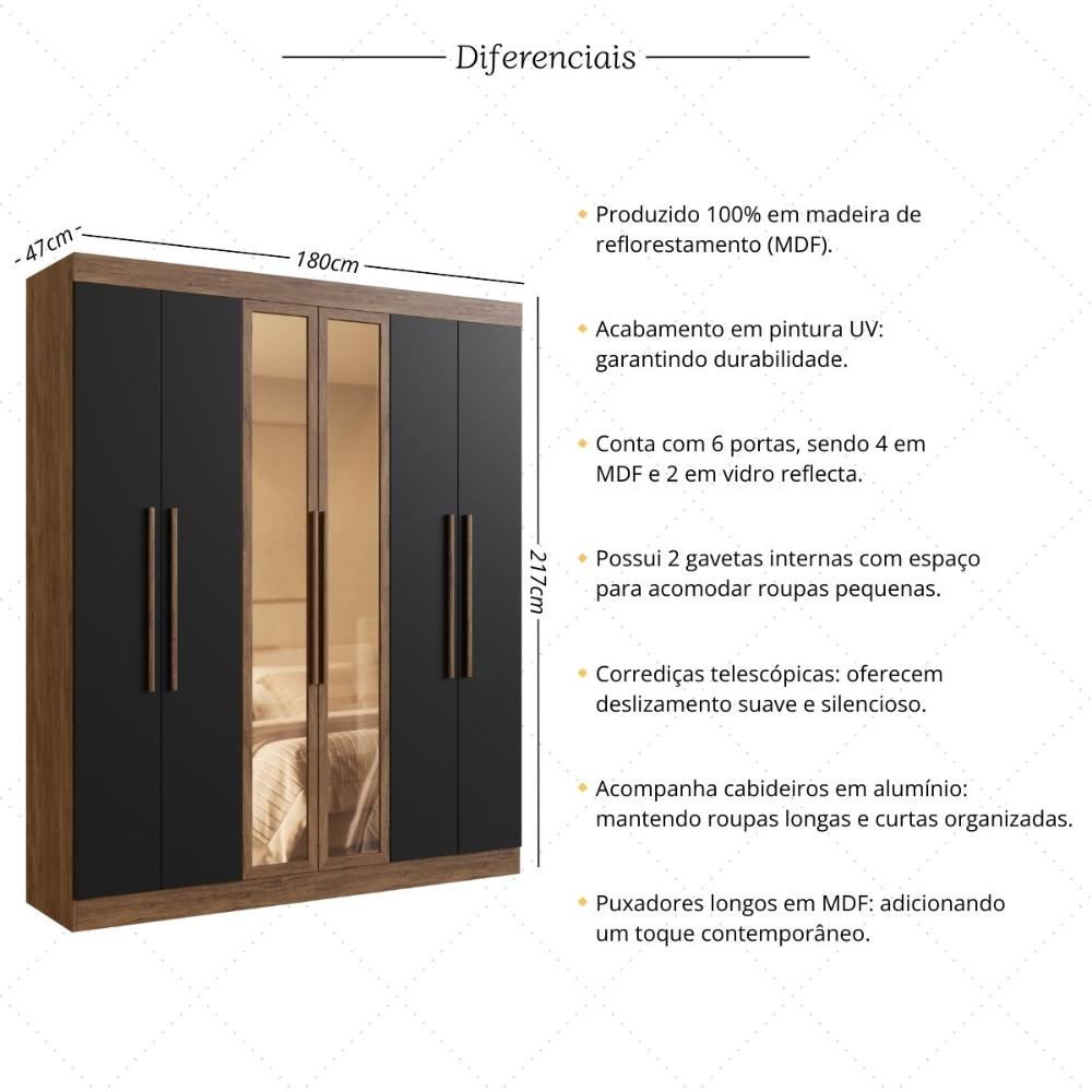 Guarda-Roupas Casal 6 Portas 180cm Multimóveis CR35262 Castanho/Preto