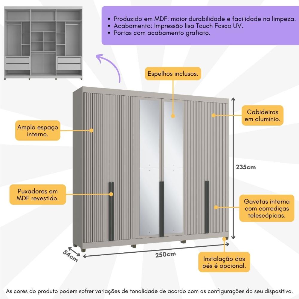 Guarda-Roupas Casal 6 Portas com Espelhos Multimóveis CR35242 Cinza