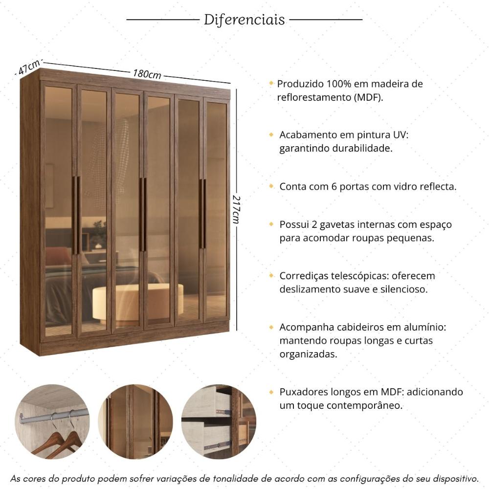 Guarda-Roupas Casal 6 Portas com Vidro Multimóveis CR35260 Castanho