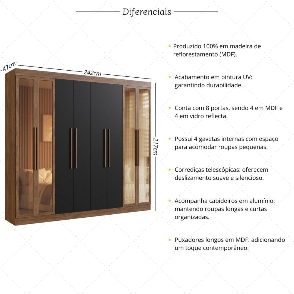 Guarda-Roupas Casal 8 Portas 242cm Multimóveis CR35261 Castanho/Preto