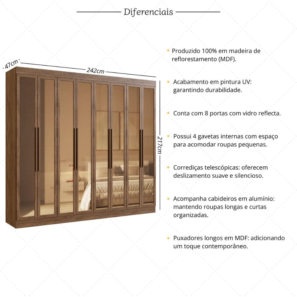 Guarda-Roupas Casal 8 Portas com Vidro Multimóveis CR35259 Castanho