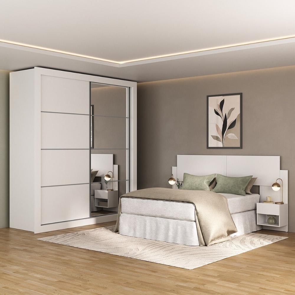 Guarda-Roupas Casal Espelho e Cabeceira com 2 Mesas de Cabeceira Multimóveis MP4327 Branco