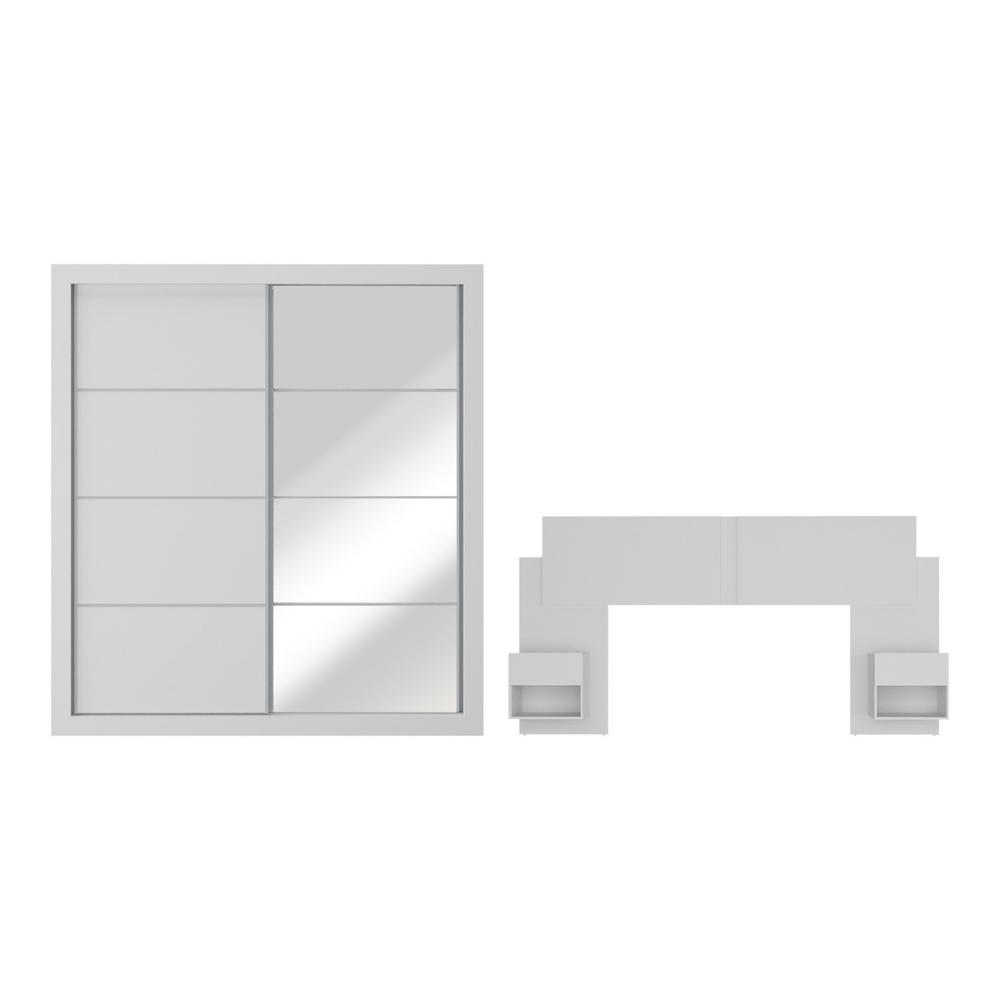 Guarda-Roupas Casal Espelho e Cabeceira com 2 Mesas de Cabeceira Multimóveis MP4327 Branco