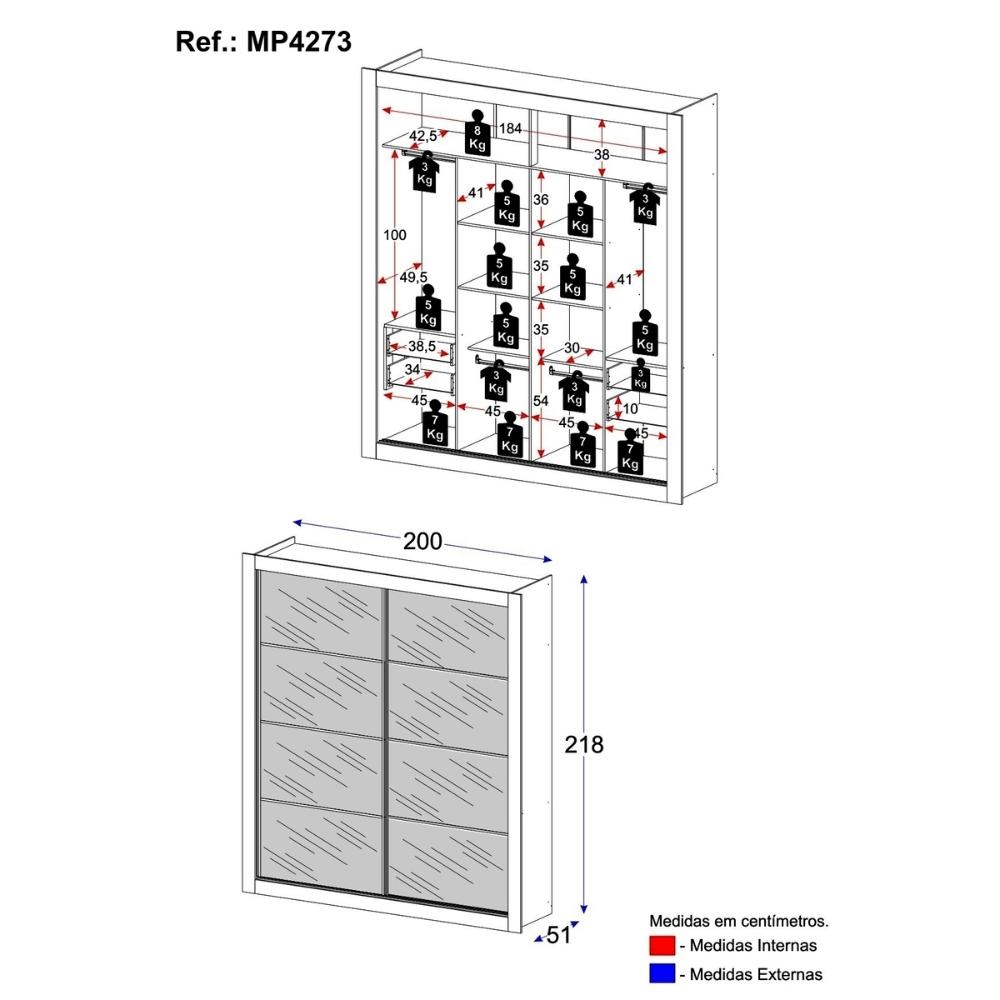 Guarda-Roupas Casal com Espelho 2 Portas de Correr 4 Gavetas Malibu Multimóveis MP4273 Madeirado