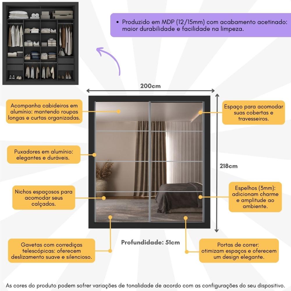Guarda-Roupas Casal com Espelho 2 Portas de Correr 4 Gavetas Malibu Multimóveis MP4273 Preto