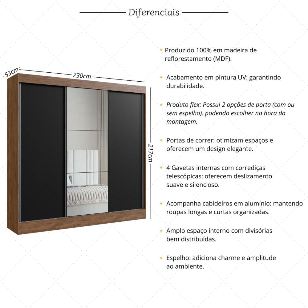 Guarda-Roupas Casal com Espelhos Flex Multimóveis CR35265 Castanho/Preto