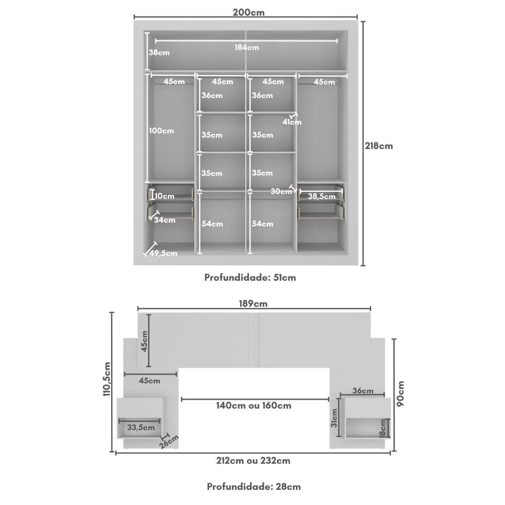Guarda-Roupas Casal e Cabeceira com 2 Mesas de Cabeceira Multimóveis MP4337 Branco