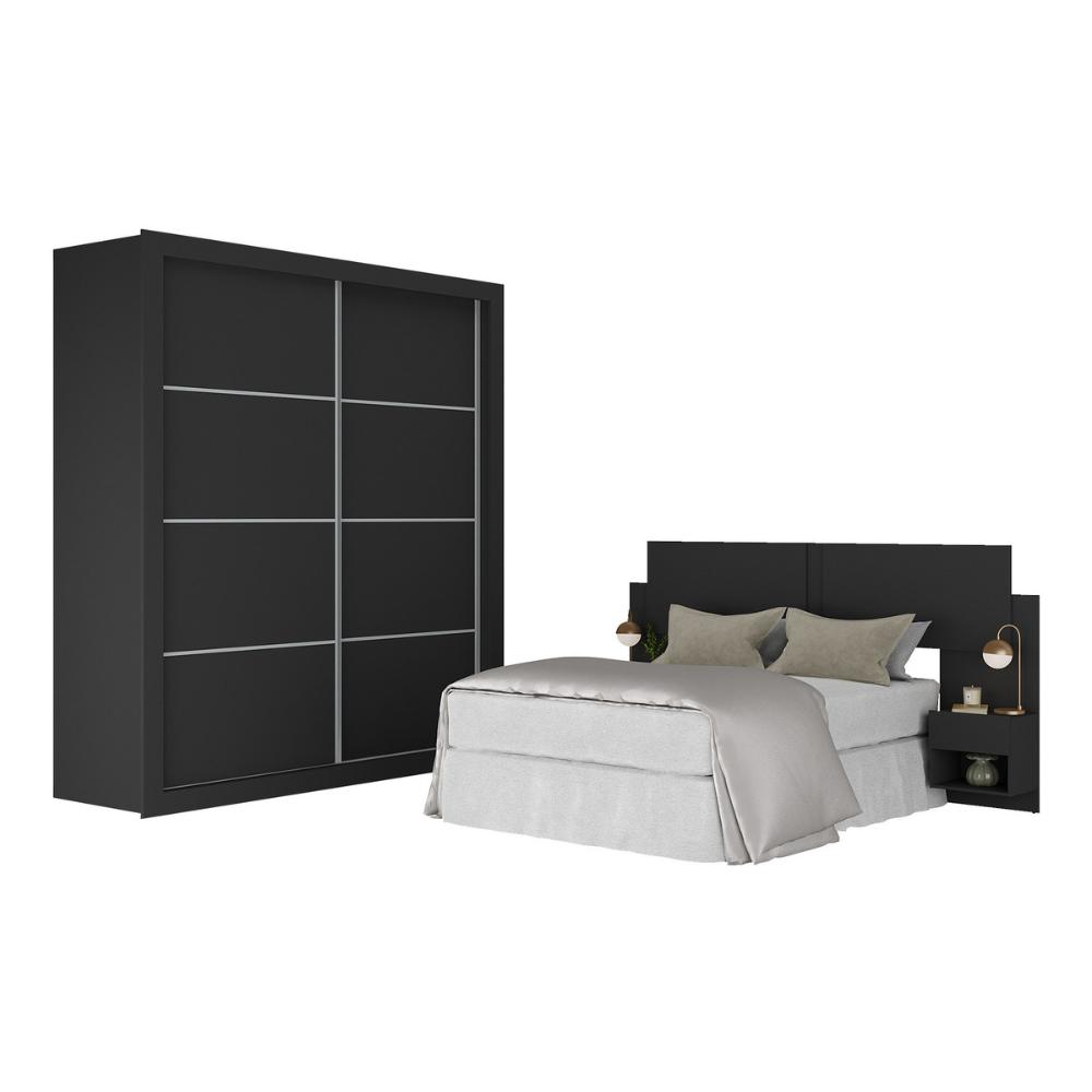 Guarda-Roupas Casal e Cabeceira com 2 Mesas de Cabeceira Multimóveis MP4337 Preto