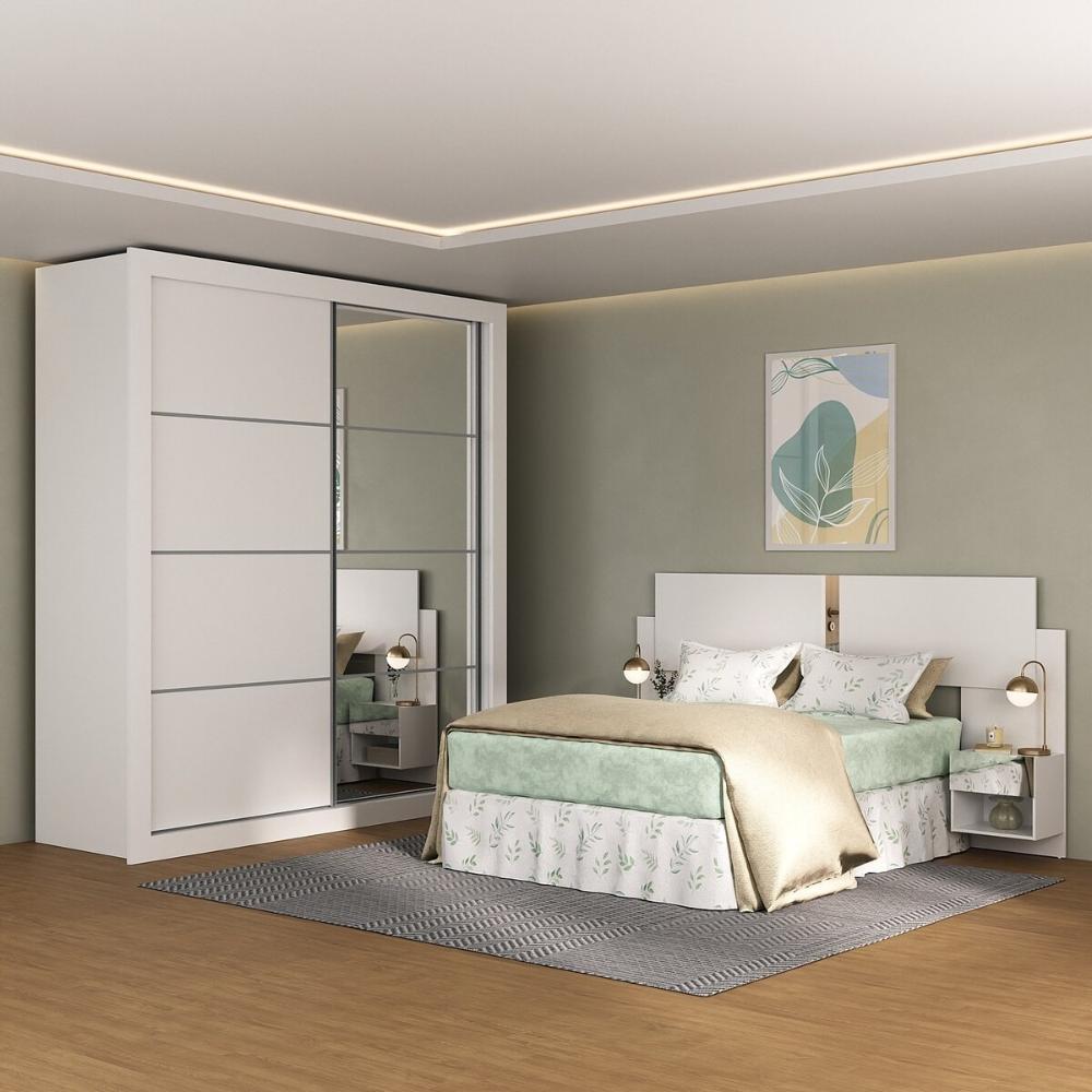 Guarda-Roupas Casal e Cabeceira com 2 Mesas de Cabeceira e Espelhos Multimóveis MP4328 Branco