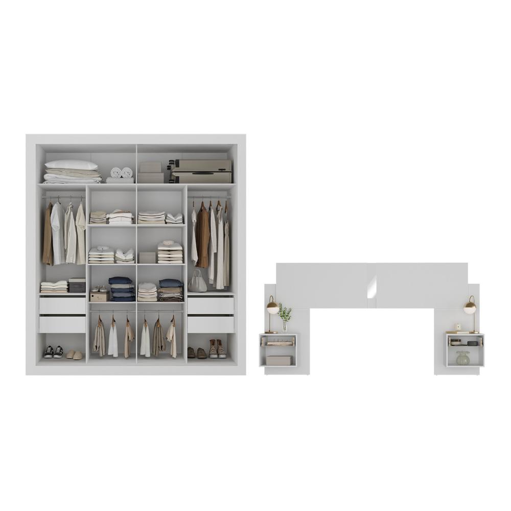 Guarda-Roupas Casal e Cabeceira com 2 Mesas de Cabeceira e Espelhos Multimóveis MP4328 Branco
