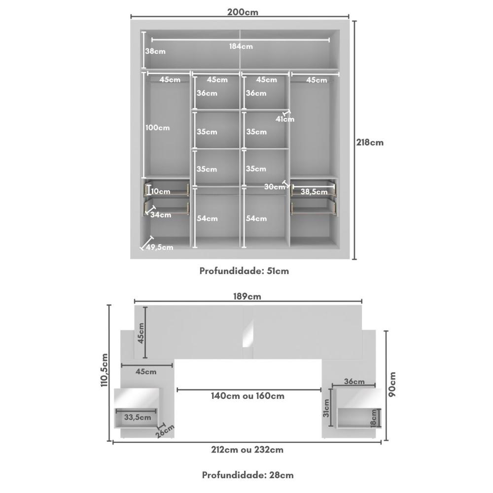 Guarda-Roupas Casal e Cabeceira com 2 Mesas de Cabeceira e Espelhos Multimóveis MP4328 Branco