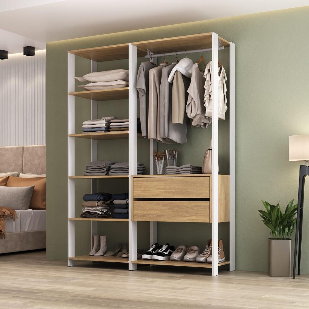 Guarda-Roupas Closet Modulado 135cm 2 Peças com 2 Gavetas Multimóveis MP4320 Branco/Madeirado