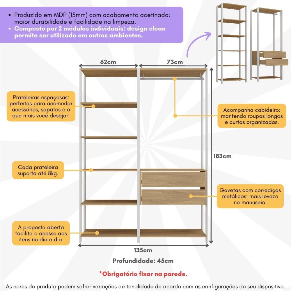 Guarda-Roupas Closet Modulado 135cm 2 Peças com 2 Gavetas Multimóveis MP4320 Branco/Madeirado
