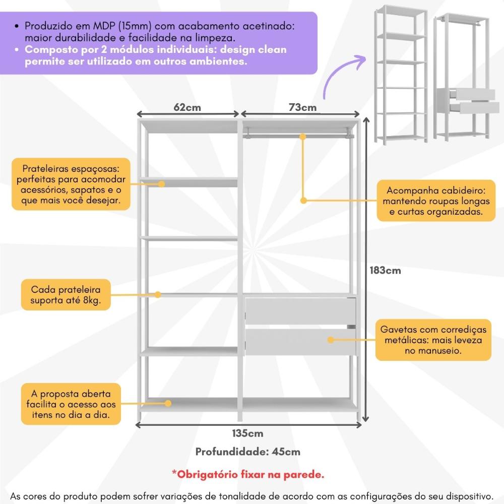 Guarda-Roupas Closet Modulado 135cm 2 Peças com 2 Gavetas e Cabideiro Multimóveis MP4320 Branco