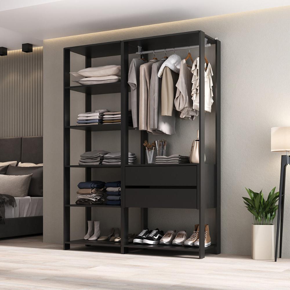 Guarda-Roupas Closet Modulado 135cm 2 Peças com 2 Gavetas e Cabideiro Multimóveis MP4320 Preto