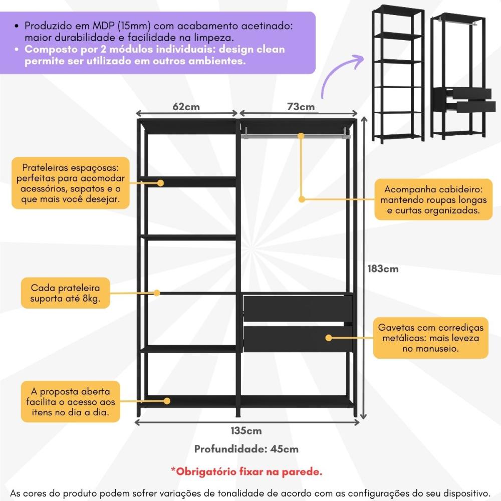 Guarda-Roupas Closet Modulado 135cm 2 Peças com 2 Gavetas e Cabideiro Multimóveis MP4320 Preto
