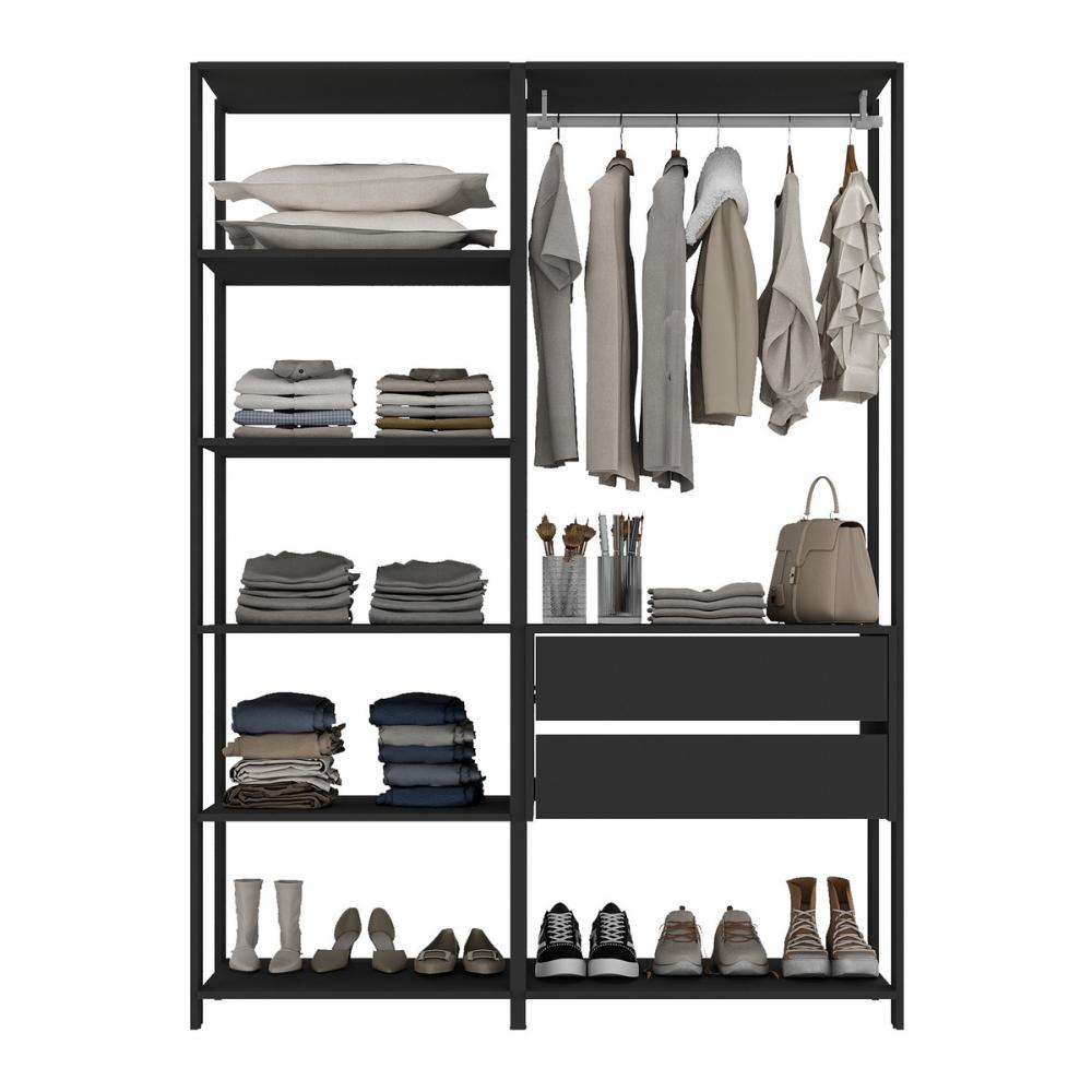 Guarda-Roupas Closet Modulado 135cm 2 Peças com 2 Gavetas e Cabideiro Multimóveis MP4320 Preto