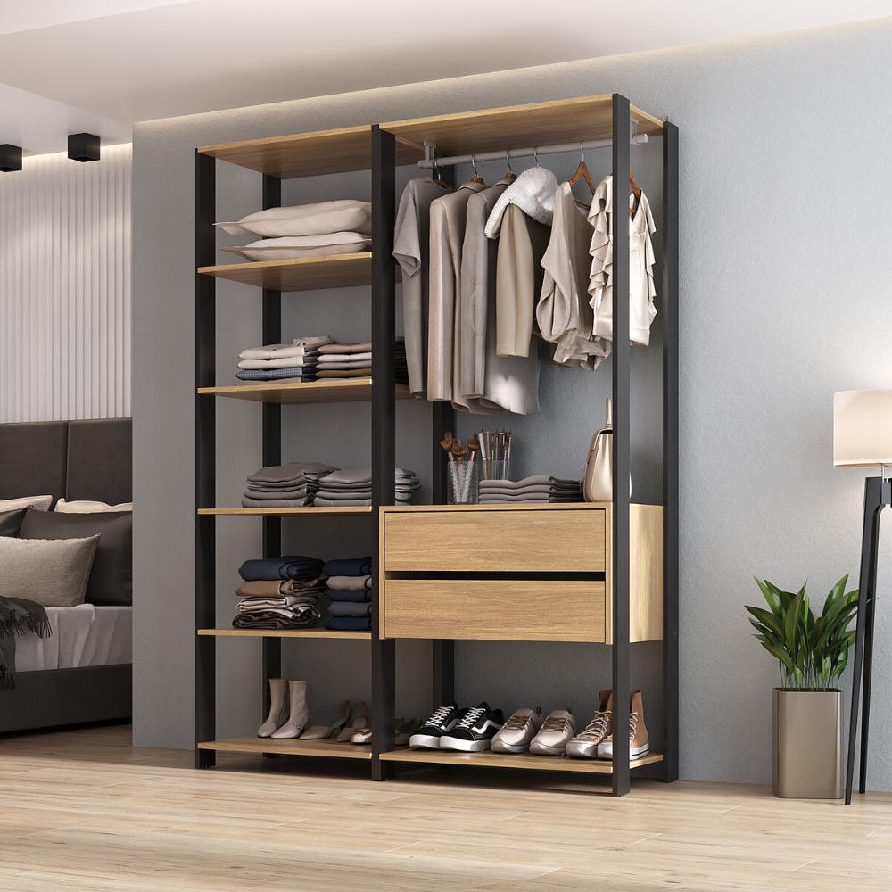 Guarda-Roupas Closet Modulado 2 Peças com 2 Gavetas e Cabideiro Multimóveis MP4320 Preto/Madeirado