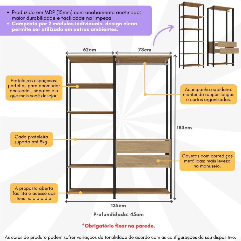 Guarda-Roupas Closet Modulado 2 Peças com 2 Gavetas e Cabideiro Multimóveis MP4320 Preto/Madeirado