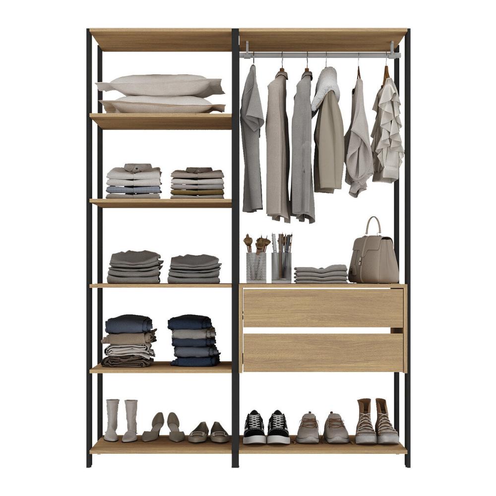 Guarda-Roupas Closet Modulado 2 Peças com 2 Gavetas e Cabideiro Multimóveis MP4320 Preto/Madeirado