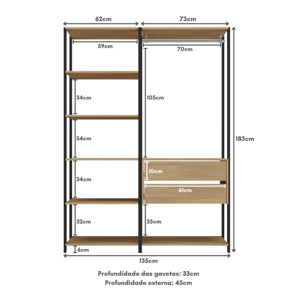 Guarda-Roupas Closet Modulado 2 Peças com 2 Gavetas e Cabideiro Multimóveis MP4320 Preto/Madeirado