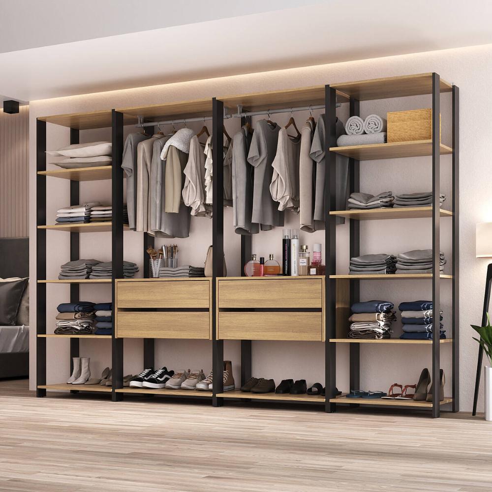 Guarda-Roupas Closet Modulado 205cm 4 Peças com 4 Gavetas e Cabideiros Multimóveis MP4321 Preto/Madeirado