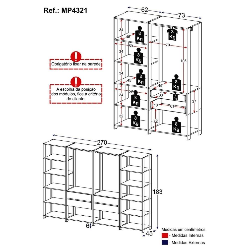 Guarda-Roupas Closet Modulado 205cm 4 Peças com 4 Gavetas e Cabideiros Multimóveis MP4321 Preto/Madeirado