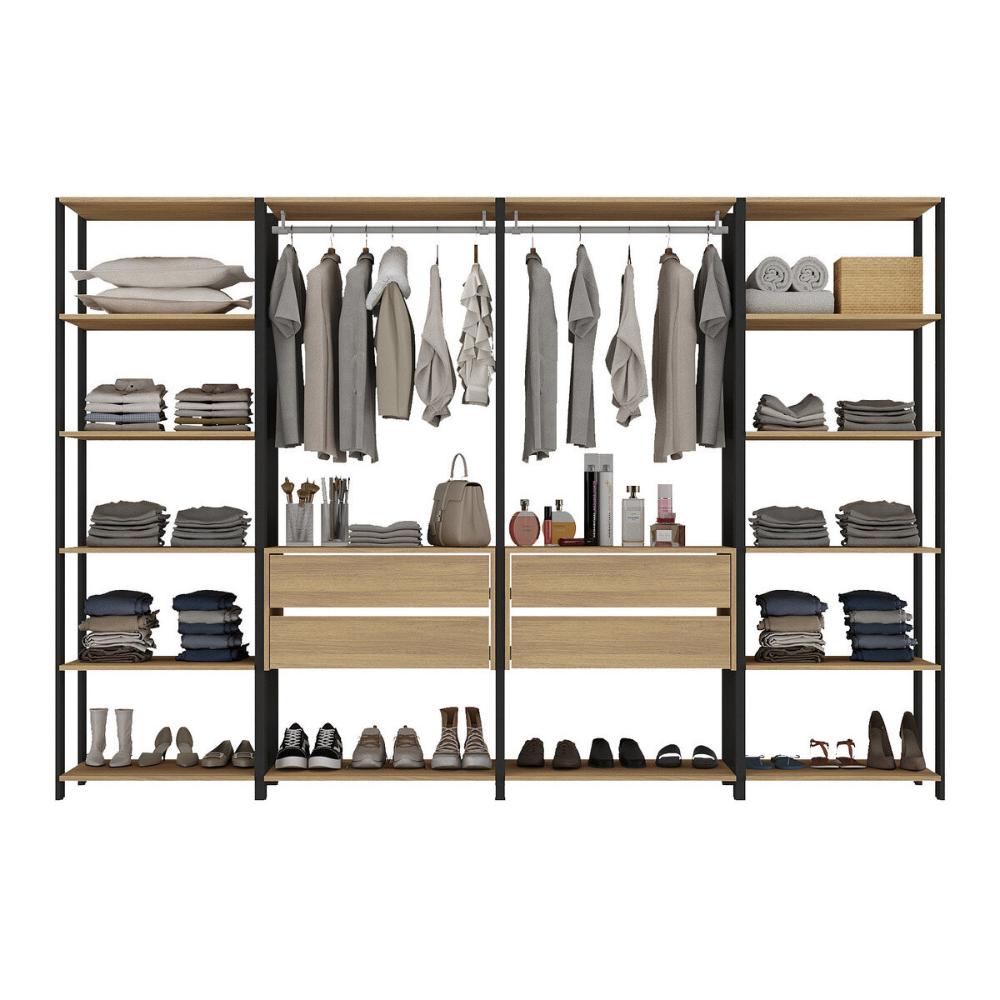 Guarda-Roupas Closet Modulado 205cm 4 Peças com 4 Gavetas e Cabideiros Multimóveis MP4321 Preto/Madeirado